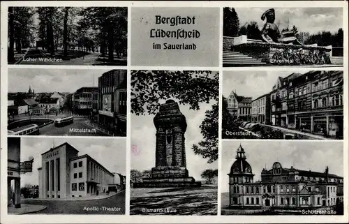 Ak Lüdenscheid im Märkischen Kreis, Ehrenmal, Schützenhalle, Bismarcksäule, Oberstadt, ApolloTheater