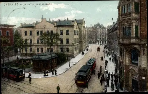 Ak Chemnitz in Sachsen, Blick in die Poststraße mit Straßenbahn