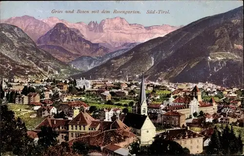 Ak Gries Bozen Bolzano Südtirol, Gesamtansicht mit dem Rosengarten