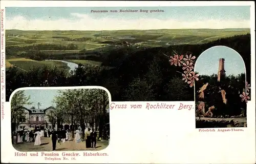 Ak Rochlitz an der Mulde, Rochlitzer Berg, Friedrich August Turm, Hotel-Pension Geschw. Haberkorn