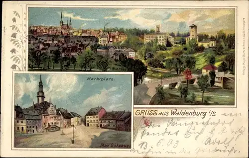 Künstler Litho Dutzauer, Max, Waldenburg in Sachsen, Totale, Marktplatz