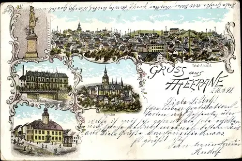 Litho Meerane in Sachsen, Totale, Denkmal, Rathaus, Webschule, Kirche