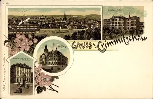 Litho Crimmitschau in Sachsen, Knabenschule, Rathaus, Blick auf den Ort