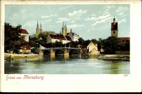 Ak Merseburg an der Saale, Schloss, Brücke, Panorama, Fluss