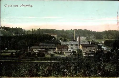 Ak Amerika Penig in Sachsen, Blick auf den Ort, Fabrikgelände, Wald
