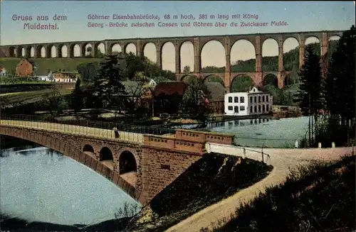 Ak Göhren Wechselburg in Sachsen, Partie aus dem Muldental mit Göhrner Eisenbahnbrücke