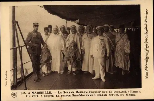 Ak Marseille Bouches du Rhône, Sultan Moulay Youssef sur le Cuirasse Paris, Frz. Kriegsschiff