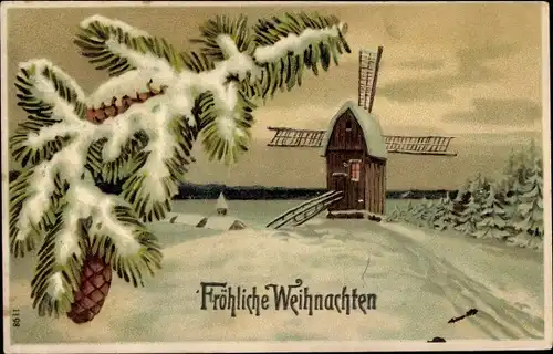 Ak Frohe Weihnachten, Windmühle, Winterlandschaft, Tannenzweig