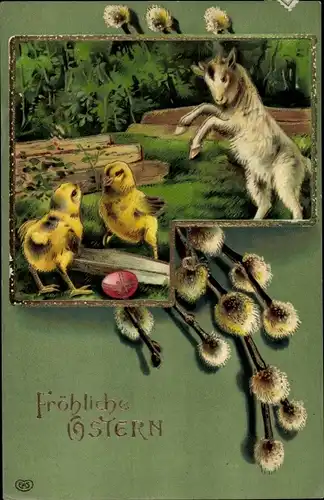 Präge Ak Glückwunsch Ostern, Küken, Weidenkätzchen, Zicklein