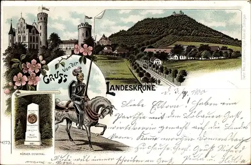 Litho Görlitz in der Lausitz, Landeskrone, Reiter, Ritter, Körner Denkmal