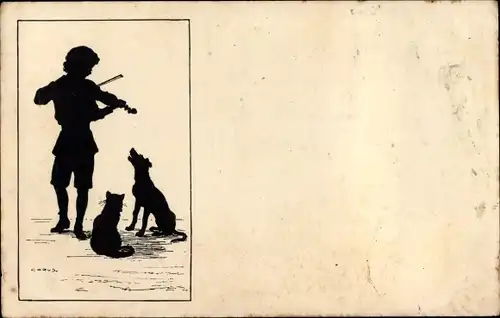 Künstler Ak Carus, Junge spielt Geige, Hund, Katze