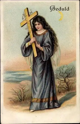 Präge Litho Geduld, Frau mit Kreuz, Portrait, Allegorie