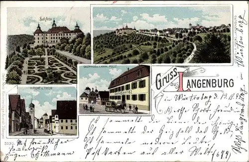 Litho Langenburg in Württemberg, Schloss, Gasthaus zum Lamm, Kirche, Tor, Totalansicht