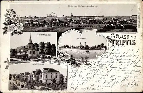 Litho Triptis in Thüringen, Marktplatz, Teichpartie, Hockerschlösschen, Bahnhofstraße