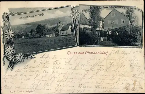 Ak Ottmannsdorf Triptis in Thüringen, Gastwirtschaft, Blick auf den Ort mit Kirche