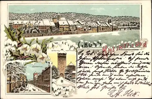 Winter Litho Rheinfelden Kanton Aargau Schweiz, Storchennestturm, Straßenpartie, Totalansicht