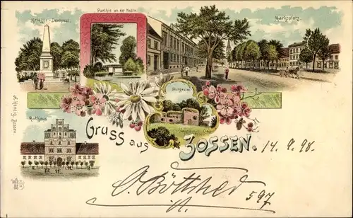 Litho Zossen in Brandenburg, Marktplatz, Kriegerdenkmal, Burgruine, Rathaus