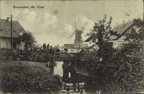 Ak Brunsbüttel in Dithmarschen, Partie am Fleth, Windmühle