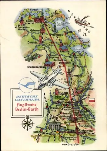 Landkarten Ak Deutsche Lufthansa, Flugstrecke Berlin Barth, Anklam, Neubrandenburg, Eberswalde