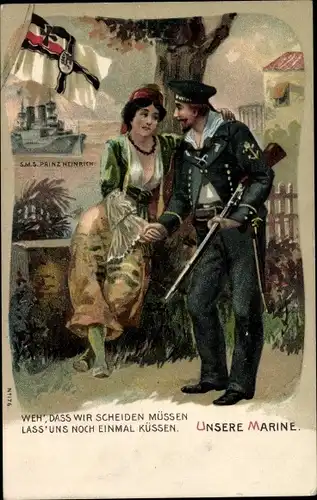 Litho Deutsches Kriegsschiff, SMS Prinz Heinrich, Seemann mit Frau, Orient