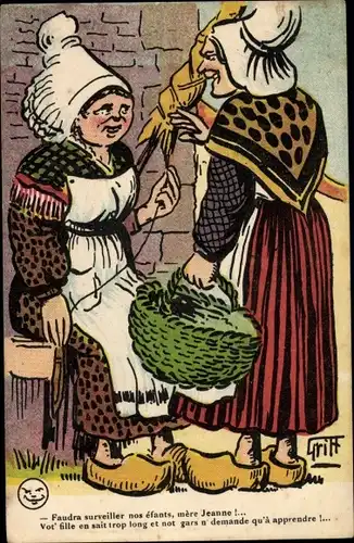 Künstler Ak Griff, Frauen in französischer Tracht beim Spinnen, Korb, Faudra surveiller nos efants..
