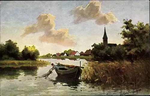 Künstler Ak Gerstenhauer, J. G., Ortsansicht, Fluss, Ruderboot, Mann mit Fischernetz