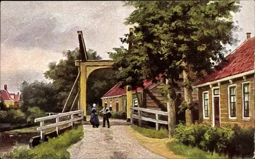 Künstler Ak Gerstenhauer, Johann Georg, Straßenpartie in einem Ort, Klappbrücke