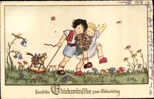 Künstler Ak Glückwunsch Geburtstag, Kinder, Blumenstrauß, Spielzeug