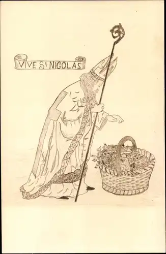Ak Vive St. Nicolas, Heiliger, Geistlicher, Korb mit Geschenken