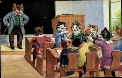 Ak Vermenschlichte Katzen in der Schule, Lehrer