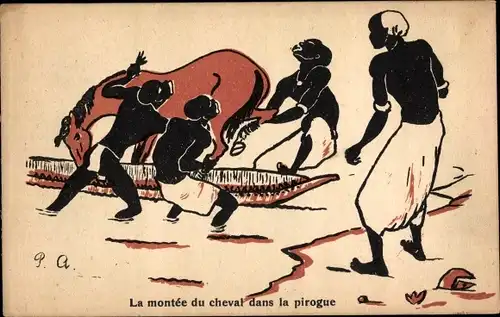 Künstler Ak Exposition Coloniale Paris 1931, La montee du cheval dans la pirogue