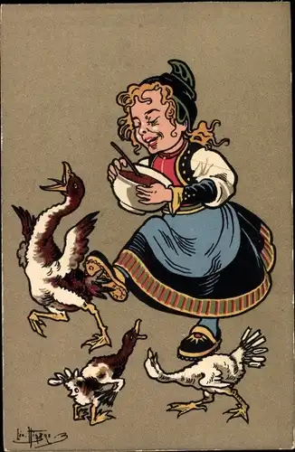 Künstler Ak Hingre, Leon, Mädchen in Tracht mit Schüssel in der Hand, Hühner