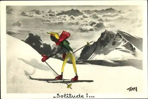 Künstler Ak Terry, Solitude, Skifahrer im Gebirge