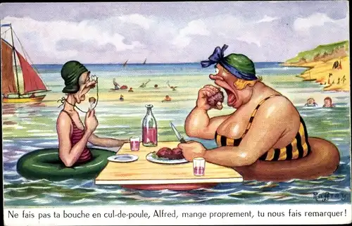 Künstler Ak Raffray, Ehepaar im Wasser beim Essen, Rettungskreis, Übergewichtige Frau, Ne fais pas..