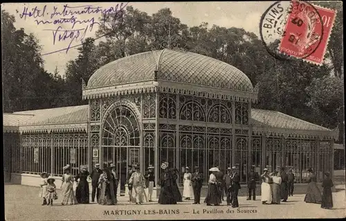 Ak Martigny les Bains Lothringen Vosges, Le Pavillon des Sources, Aussenansicht, Menschen