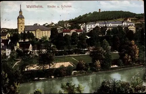 Ak Waldheim in Mittelsachsen, Kirche und Schulen, Teilansicht der Stadt