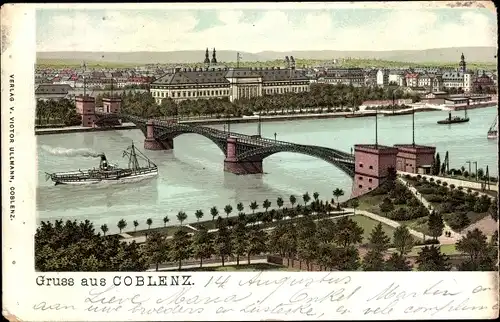 Litho Koblenz am Rhein, Gesamtansicht mit Brücke