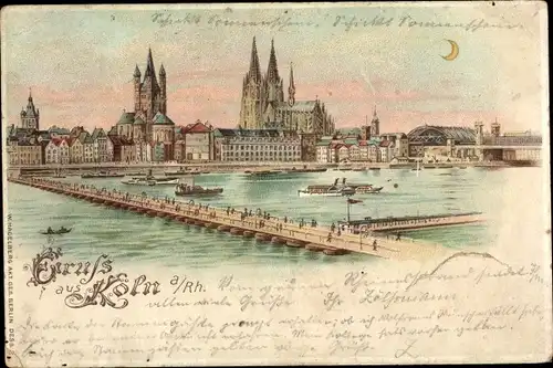 Litho Köln am Rhein, Rheinansicht, Brücke, Dom