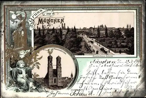 Passepartout Litho München Bayern, Maximiliansbrücke, Frauenkirche, Bavaria, Kindl
