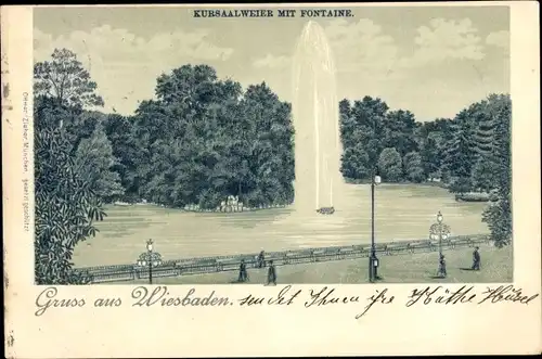 Litho Wiesbaden in Hessen, Kursaalweiher mit Fontäne