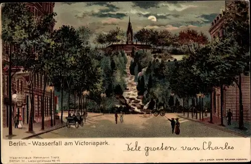 Litho Berlin Kreuzberg, Wasserfall am Victoriapark, Nachtansicht