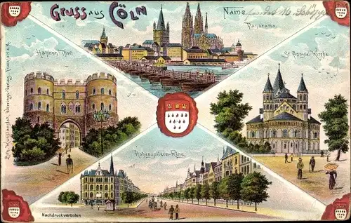 Wappen Litho Köln am Rhein, Panorama, Dom, Hahnentor, St. Apostel Kirche