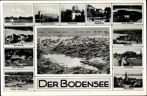 Landkarten Ak Konstanz am Bodensee, Lindau, Insel Mainau, Friedrichshafen, Meersburg