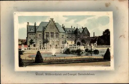 Passepartout Ak Wesel am Niederrhein, Willibrordiplatz und Evang. Gemeindehaus