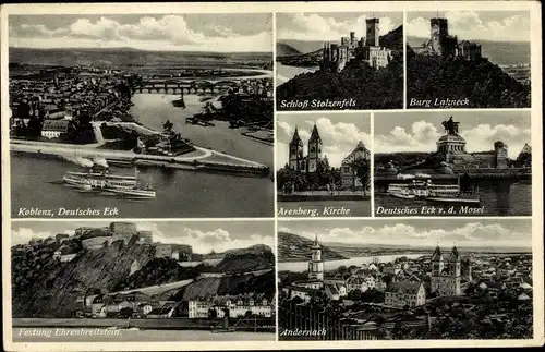 Ak Koblenz am Rhein, Deutsches Eck, Kaiser Wilhelm-Denkmal, Andernach, Schloss Stolzenfels