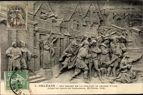 Ak Orléans Loiret, Bas Relief de la Statue de Jeanne d'Arc