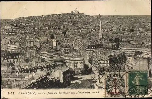 Ak Paris XVI Trocadéro, Vue prise du Trocadéro vers Montmartre