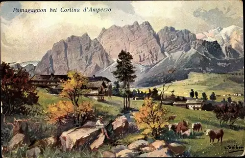 Künstler Ak Treiber, Cortina d'Ampezzo Veneto, Blick auf den Ort, Pomagagnon