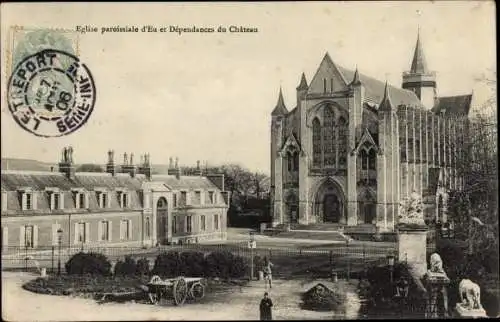 Ak Eu Seine Maritime, Eglise paroissiale et Dependances du Chateau, Kirche, Statuen, Vorplatz
