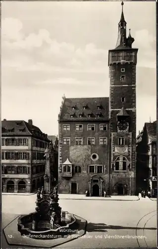 Ak Würzburg, Grafeneckardsturm mit Ratskeller und Vierröhrenbrunnen